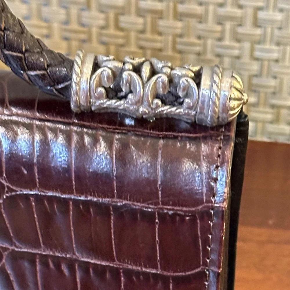 🌟7xHP🌟VTG 90s Brighton Croco Embossed Brown & Black Leather Organizer Wallet Bag - Picture 4 of 15